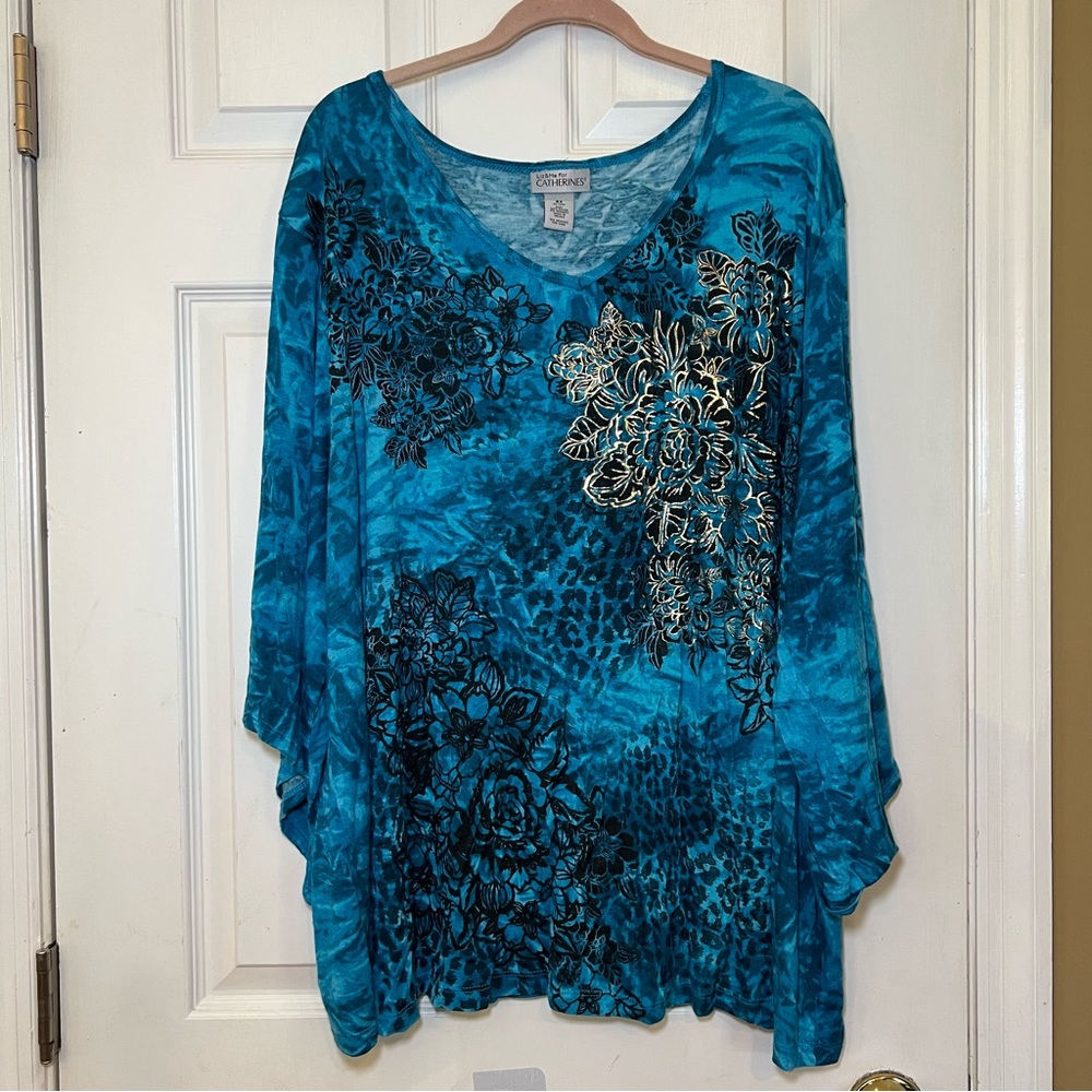 Catherines Top Womens Sz 3X Blue Floral Abstract Stretch Knit Comfy Office Artsy